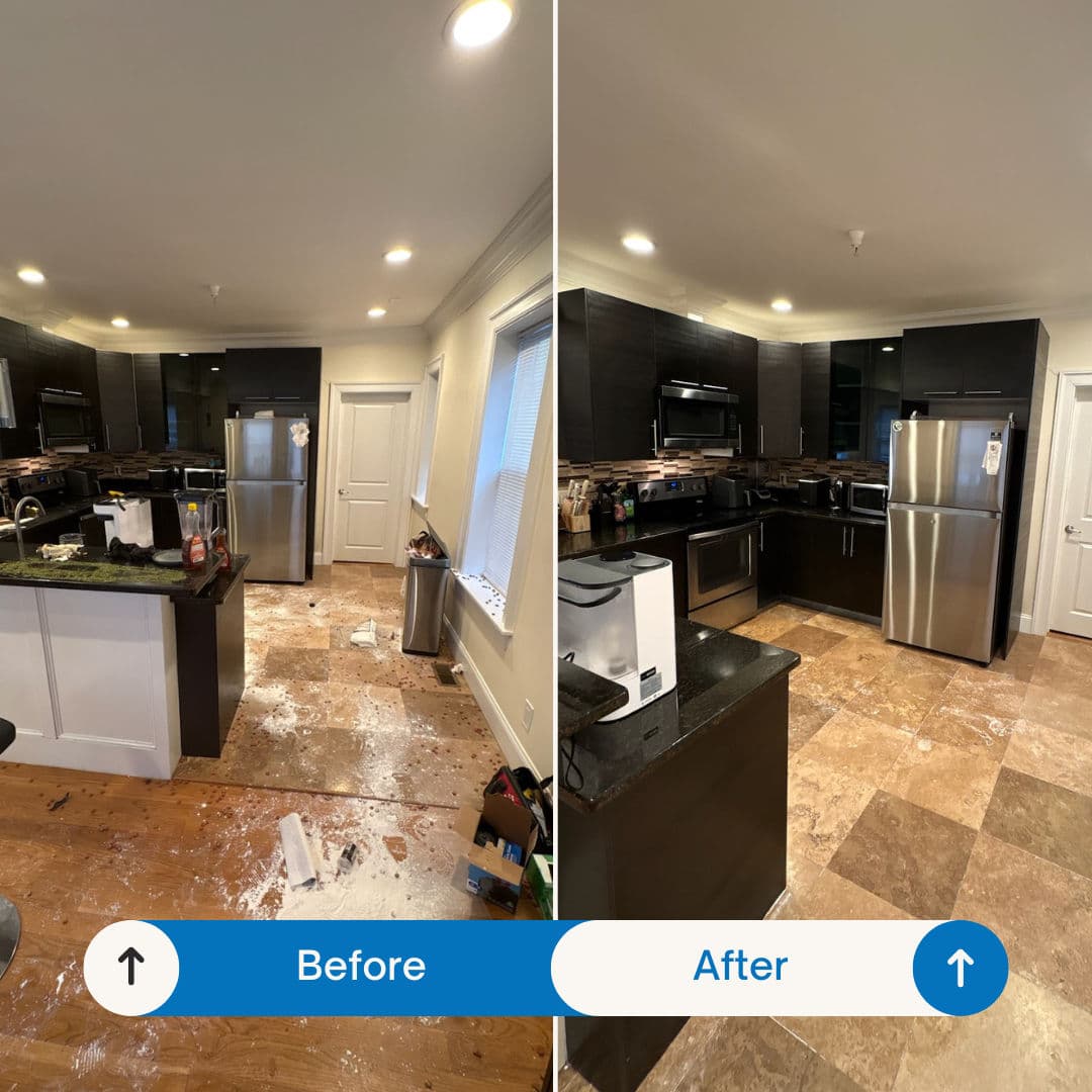Before and after kitchen renovation showcasing clean and modern design improvements.