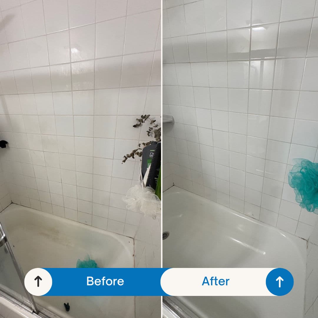 Before and after shower cleaning: significantly improved tile and tub appearance.